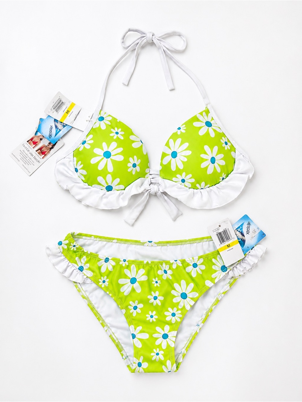NWT Voda Swim Envy Push Up Daisy Floral Bikini Set Green White Size M